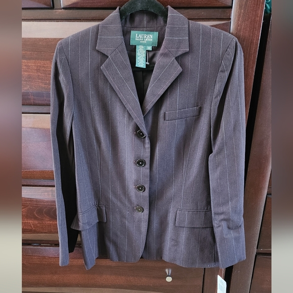 NWT Lauren Ralph Lauren Wool Pinstripe Brown Buttoned Blazer 14P $250 - Picture 2 of 16
